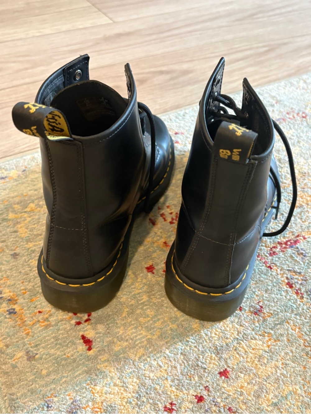 Doc Martens Black Leather Lace-Up Boots with Yellow Stitching - Picture 3 of 7
